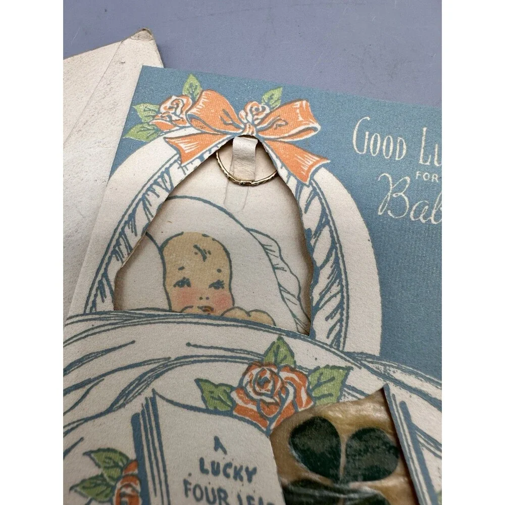 1946 Legget Dept Store Baby Birth Luck W Gold Ring 4 Leaf Clover